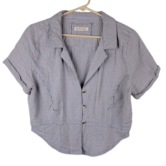 Free People We The Free Annabelle Button front Blue Striped Blouse Size L Boho - Picture 2 of 13
